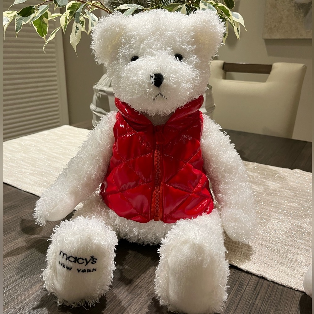 Macy's  New York Plush White Teddy Bear Red  zipper removable vest
18” long NEW.